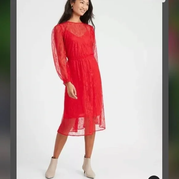 Banana Republic Red Lace Long Sleeve Dress XS